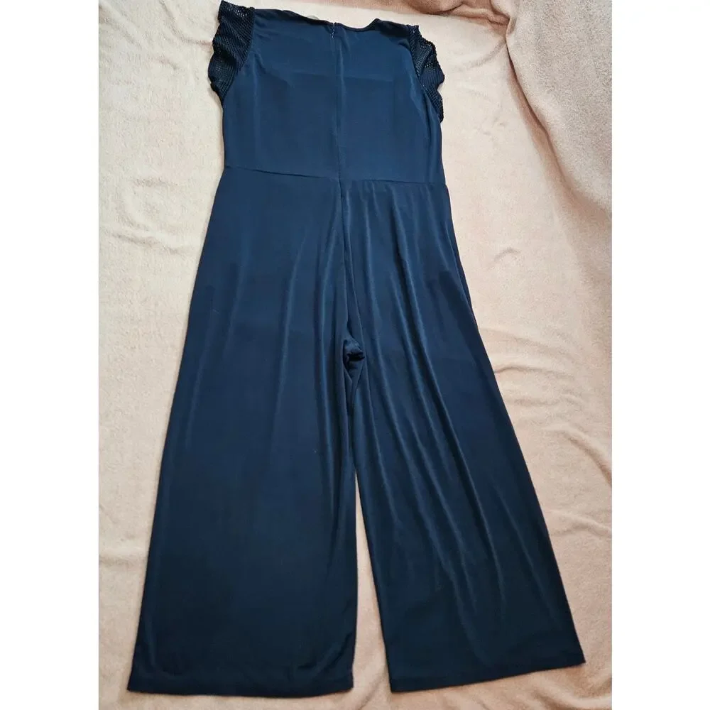 Michael Kors Women's XL Navy Mesh Inset Short Flutter Sleeve Cropped Jumpsuit